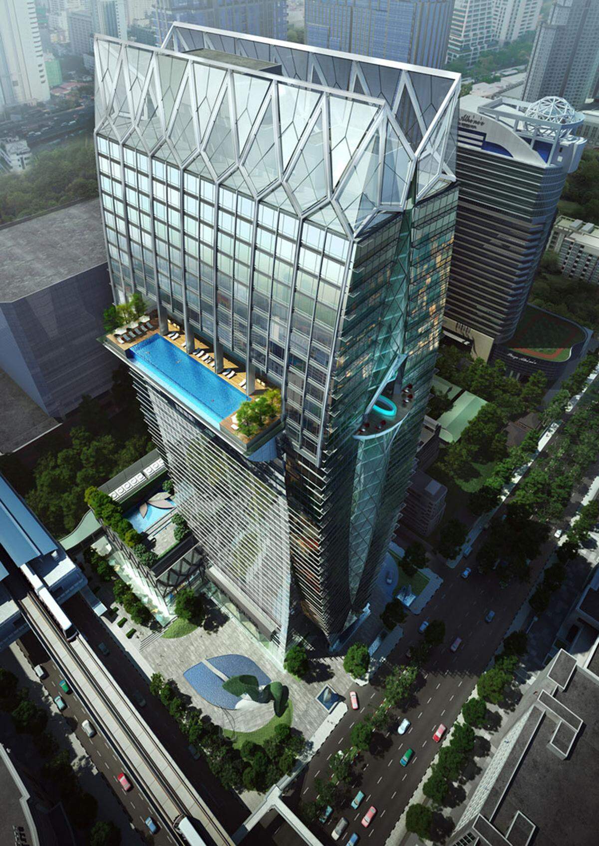 Der Hintergrund der 25er Formel: Im 25. Stockwerk ragt wie ein riesiger Balkon ein Schwimmbad mit 25-Meter-Bahn aus der Fassade.