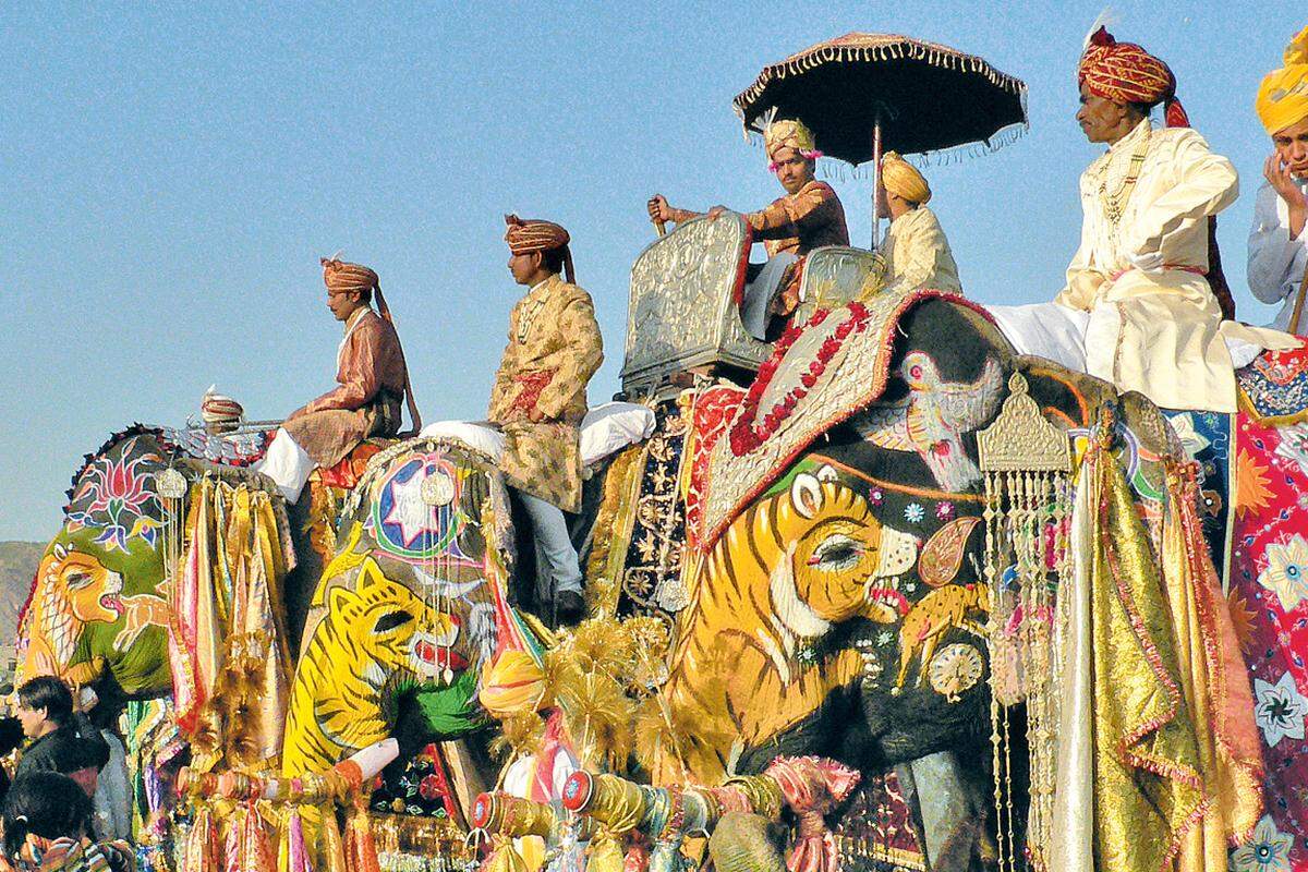 Elefant und Reiter treten in Festtagsgewand zum Polospiel an.