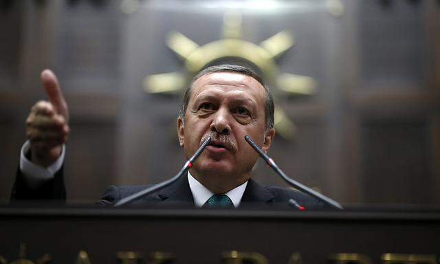 Turkey's Prime Minister Erdogan addresses members of parliament from his ruling AK Party during a meeting at the Turkish parliament in Ankara