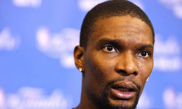 Miami Heat center Bosh speaks during a media session for their NBA Finals basketball series in San Antonio