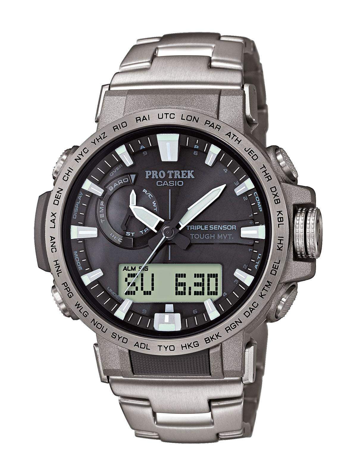 Casio „Pro Trek PRW-60T“. Die neueste Ergänzung der Outdoor-Uhrenserie von Casio verfügt über ein satiniertes Gehäuse und Armband aus Titan.