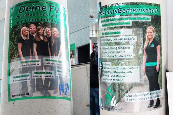 Und das ist gar nicht einmal ein Einzelfall: Auch an der Uni Graz fährt die Aktionsgemeinschaft eine ähnliche Strategie: Die Plakate der Fakultätsvertretung Jus und die Wahlplakate der AG sind täuschend ähnlich: selbes Farbkonzept, schwarz gekleidete Protagonisten auf beiden Plakaten, und dazu noch eine zum Verwechseln ähnliche Schriftart.