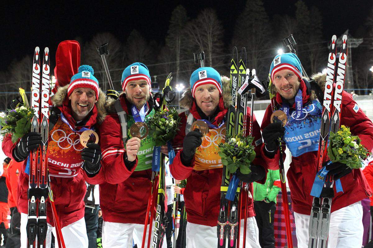 Christoph Sumann, Daniel Mesotitsch, Simon Eder und Dominik Landertinger eroberten im letzten Biathlon-Bewerb noch Bronze.