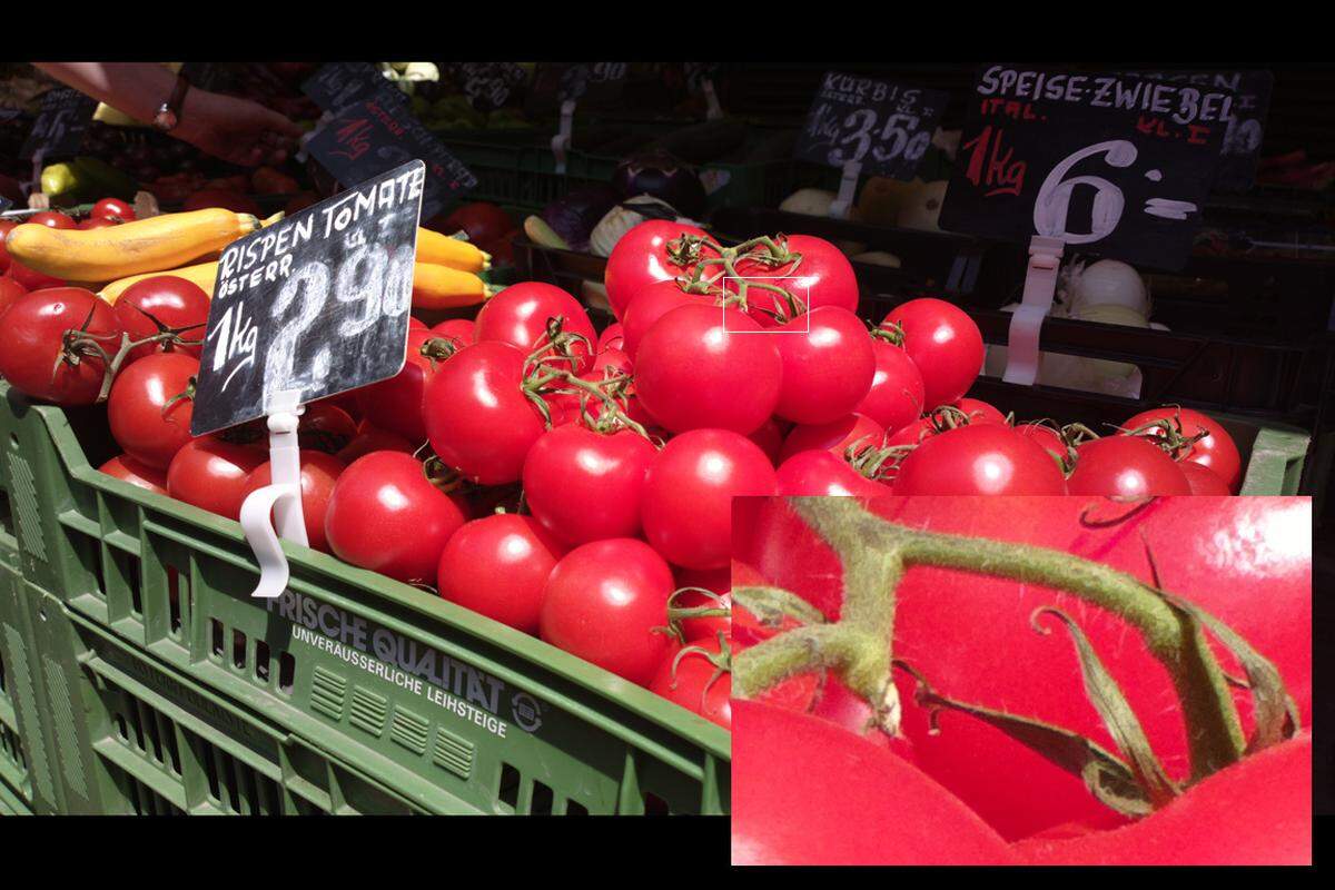 Problematisch wird es bei Mischlicht oder Reflexionen. Die Tomaten sind stellenweise überstrahlt. Eine Spot-Messung gibt es nicht, man kann höchstens über einen Regler die Belichtungskorrektur anpassen. (Ausschnitt 100% der Originalaufnahme (41 Megapixel), Gesamtbild verkleinert)Originalbild 5 Megapixel