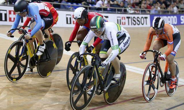 Anna Meares of Australia rides to win the Women's Keirin final at the UCI Track Cycling World Cup in Saint-Quentin-en-Yvelines, near Paris