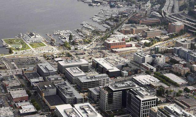 Aerial view looking north shows a portion of retail giant Amazon.com's corporate headquarters in the South Lake Union neighborhood of Seattle