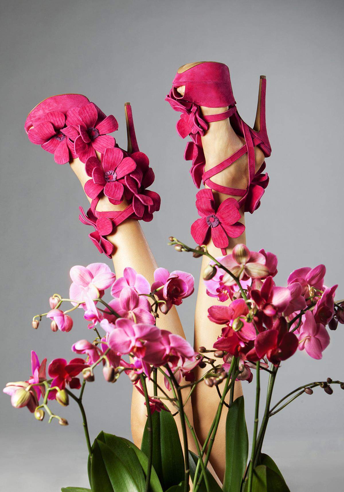 In einem Strauß Orchideen kommen diese High-Heels besonders gut zur Geltung. Jan Jansen, "Orchid Shoe", Niederlande 2013.