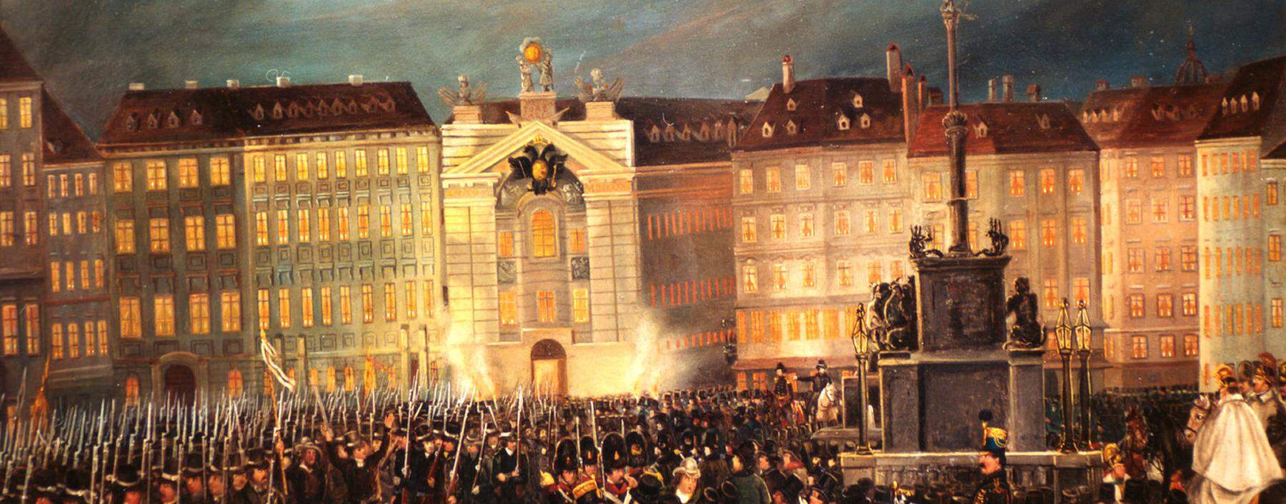 Defilee der Nationalgarde am Platz Am Hof in Wien 13./14. März 1848. Sie sollte für Sicherheit und Ordnung sorgen.