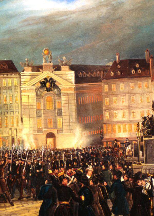 Defilee der Nationalgarde am Platz Am Hof in Wien 13./14. März 1848. Sie sollte für Sicherheit und Ordnung sorgen.