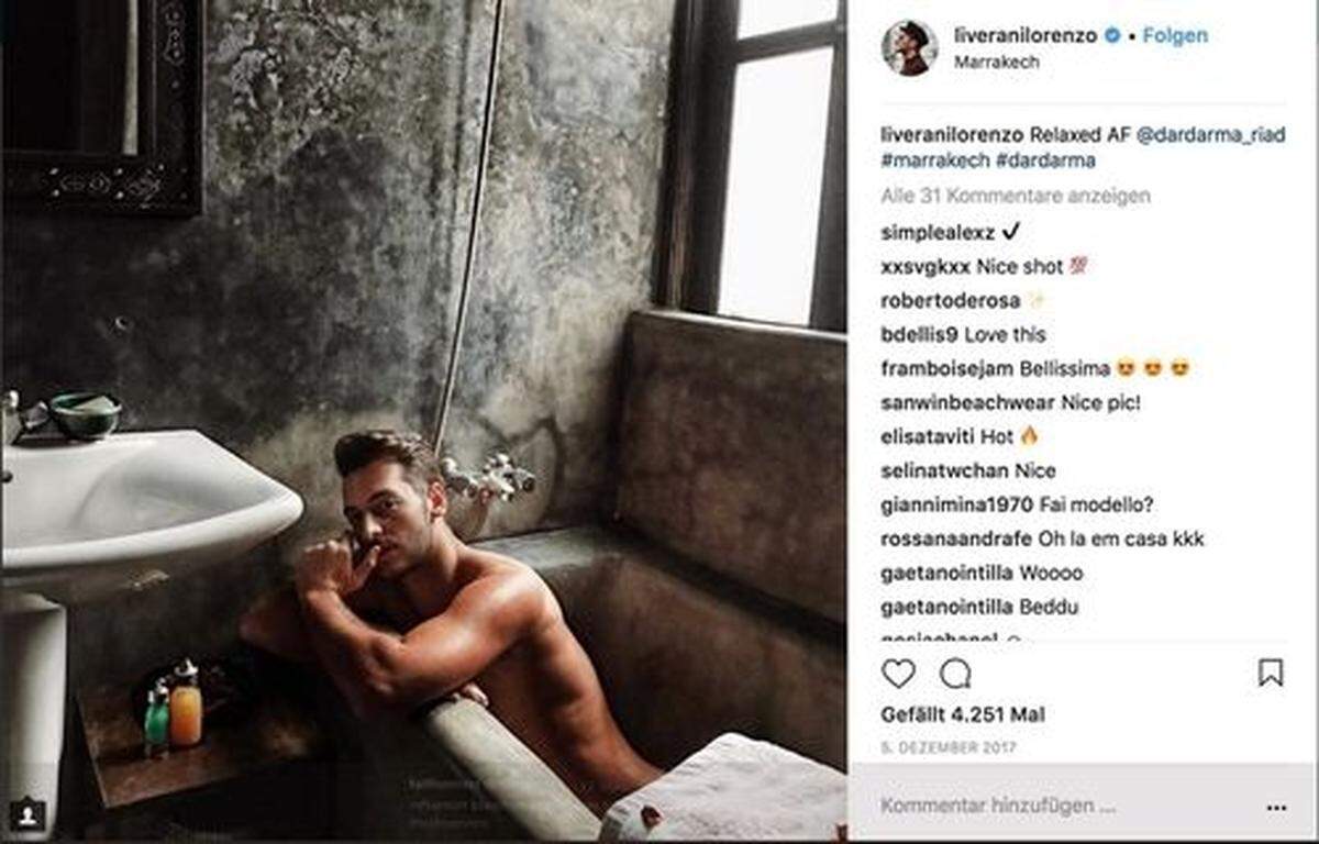 Dieser Mann badet ohne Wasser. Es sieht nicht bequem aus. Ein trauriges Marketing für das beworbene Hotel. Wie viele seiner 200.000 Abonnenten hat Lorenzo Liverani wohl zur Buchung überzeugt?