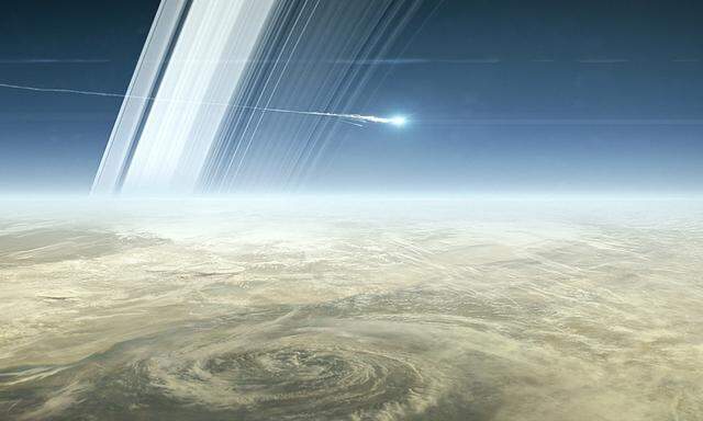 Ein Ende als Sternschnuppe. So soll es aussehen, wenn Cassini nach fast 20 Jahren im All am Freitag in Saturns Atmosphäre verglüht. 