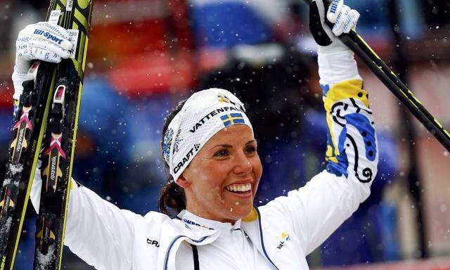 Sweden's Kalla reacts after winning the women's 10 km free individual race at the Nordic World Ski Championships in Falun