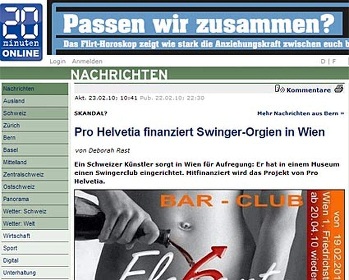 Die Schweizer Gratiszeitung "20 Minuten" schreibt: "Ein Sexclub in einem altehrwürdigen Museum? So etwas geht in Wien – vorausgesetzt, es läuft unter dem Titel 'Kunst'". Und weiter: "Doch auch in der Schweiz ist Aufregung vorprogrammiert: An den Kosten von 90 000 Euro für das Swinger-Projekt hat sich die Schweizer Kulturstiftung Pro Helvetia mit 15 000 Franken beteiligt."