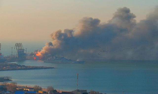 Smoke billows from Russian ship at the port of Berdiansk