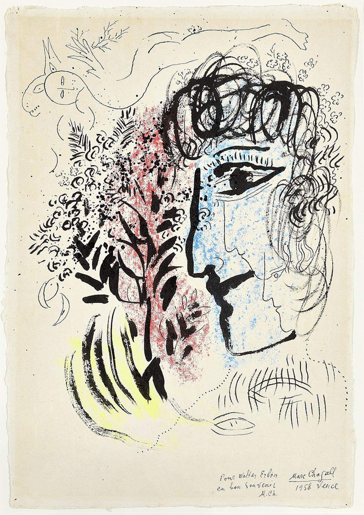 Marc Chagall, „Selbstportrait“, 1958,  Tusche und Farbkreide auf Papier, 42,5 x 29 cm, signiert: Marc Chagall, 1958 Vence