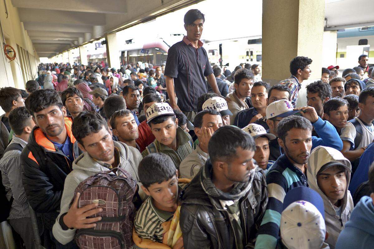 Neu ankommende Flüchtlinge werden von Dolmetschern vom Bahnsteig begleitet und müssen sich hinten in die Reihe derer anstellen, die auf Züge nach Deutschland warten.