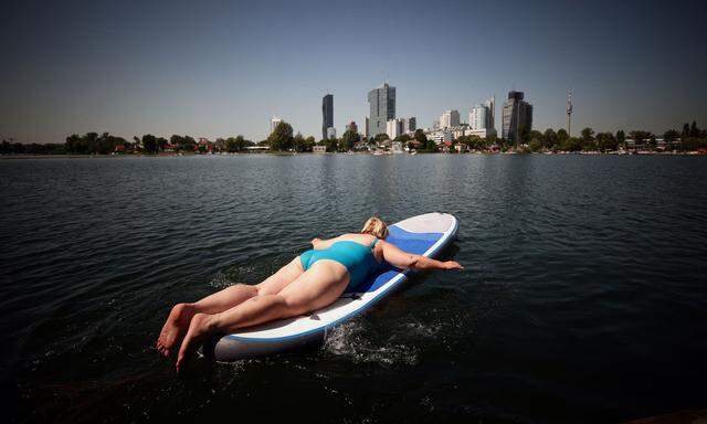 Eine Frau paddelt auf einem Surfbrett in der Donau (Symbolbild).