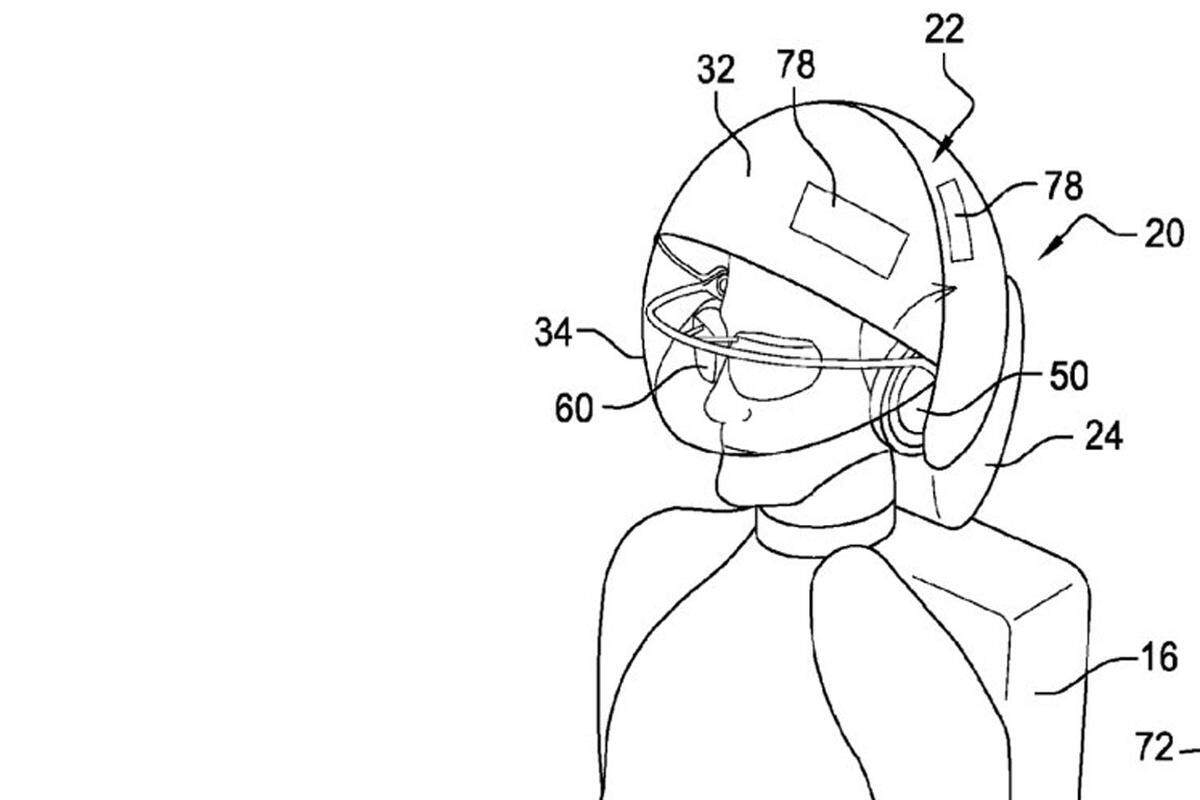 Dieser Virtual-Reality-Helm soll die Flugangst mindern: Er ist laut Patentantrag Teil des Flugzeugsitzes und kann bei Bedarf den Kopf des Passagiers komplett umschließen ...
