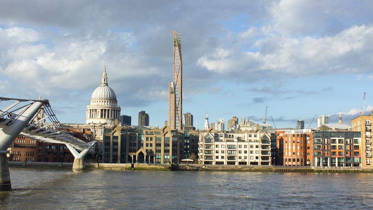 Eine hölzerne Speerspitze der nachhaltigen Architektur, die aus dem CO2-intensiven Erbe des Brutalismus ragt? Metaphorischer geht es kaum: Der als Wohnprojekt geplante Oakwood Timber Tower ist ein Entwurf von PLP Architecture, Forscher der Cambridge University helfen dabei, Londons fantastische Vision eines 300-Meter-Woodscrapers in Leichtbauweise umzusetzen. (red., 24. April 2021)