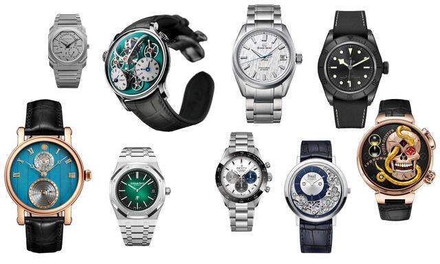 Preistragende Uhren (v.ln.r.): Christiaan van der Klaauw, Bulgari, Audemars Piguet, MB&F, Zenith, Grand Seiko, Piaget, Tudor, Louis Vuitton.