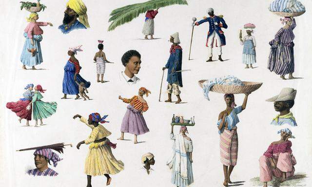 Dieses Aquarell von Arnold Borret zeigt Bewohner der holländischen Kolonie Surinam mit verschiedenem ethnischen Hintergrund. Aus den 1880er-Jahren.