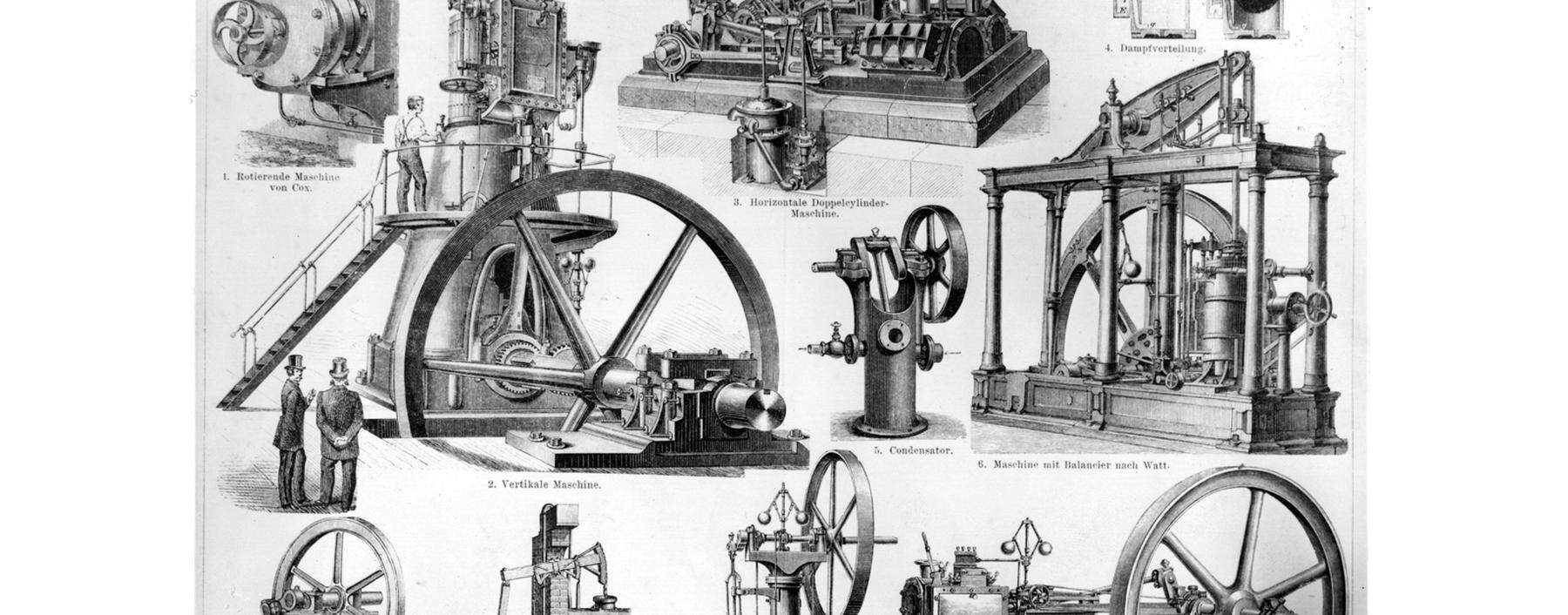 Dampfmaschinen (hier in einem alten Lexikon) verwandeln Wärme in mechanische Arbeit, was nie vollständig möglich ist, es geht immer Wärme verloren, das sagt der zweite Hauptsatz der Wärmelehre.