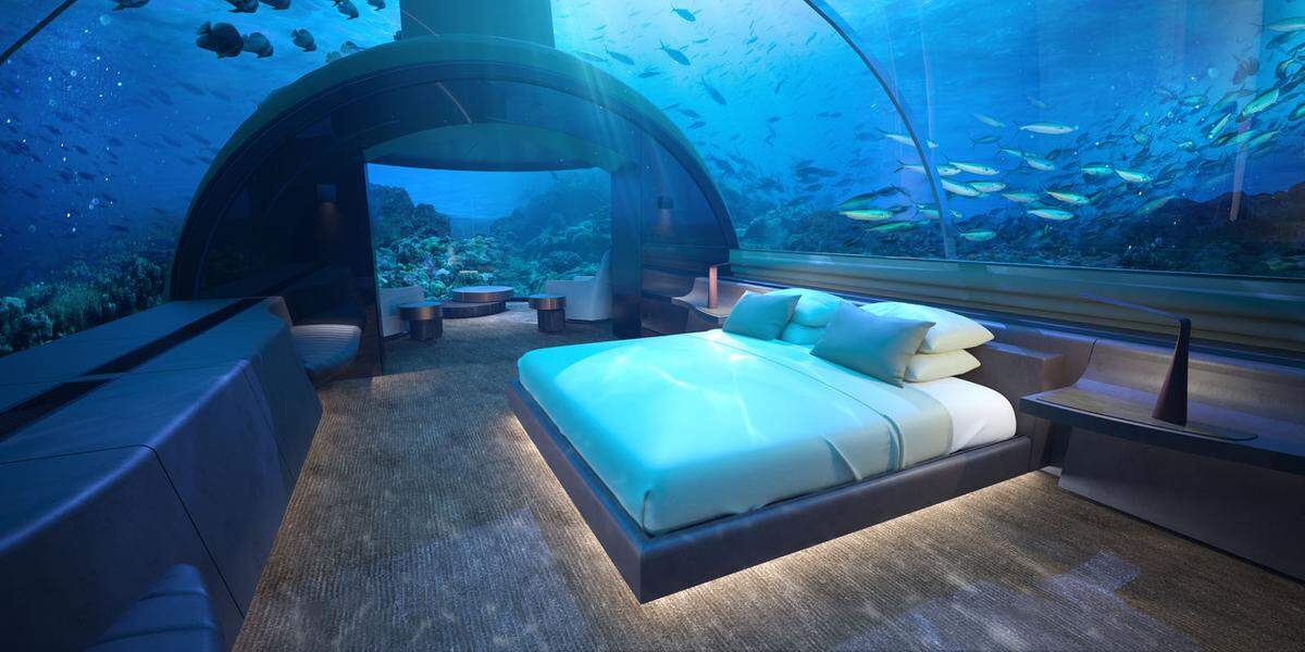 Gäste können in Zukunft ein Zimmer im Indischen Ozean beziehen. Fünf Meter unter dem Meeresspiegel befindet sich eine Suite mit Schlafzimmer, Wohnraum und Badezimmer.