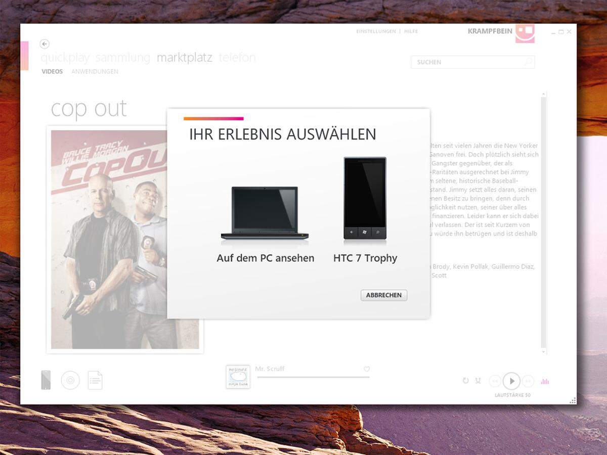 Hat man sein Windows Phone an den PC angesteckt und will einen Film mieten, fragt die Software nach, für welches Gerät er sein soll. Sobald man den Film dann auf das Handy übertragen hat, lässt er sich nur noch dort ansehen. Im "Sammlung" genannten Archiv ist er nicht mehr zu finden.