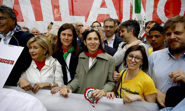 April 25, 2023, MILAN: Secretary of Italian party Democratic Party (Partito Democratico / PD), Elly Schlein (C), takes p