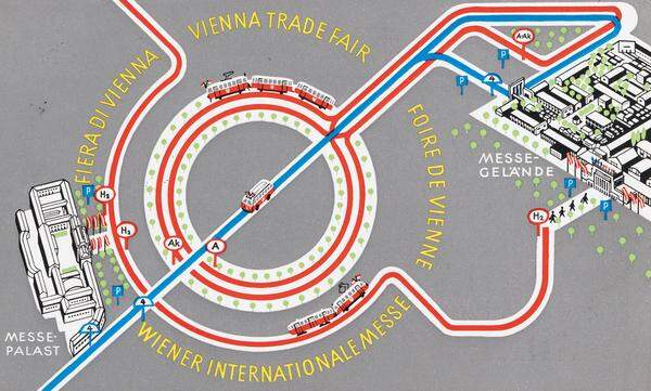 Auf Verkehrsverbindungen ausgerichtet war hingegen ein Orientierungsplan aus dem Jahr 1961, auf dem die Verkehrsverbindungen zwischen Messepalast (das heutige Museumsquartier) und Messegelände im Prater verzeichnet wurden. Die Orientierungskarte zur Wiener Internationalen Messe fungierte quasi als Leitsystem für die moderne Messestadt.