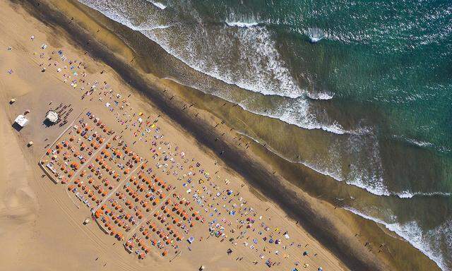 Aerial view of Maspalomas beach, Maspalomas, Gran Canaria, Spain.