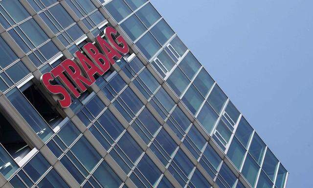 The logo of Austrian constructon firm Strabag SE is pictured at its headquarters in Vienna
