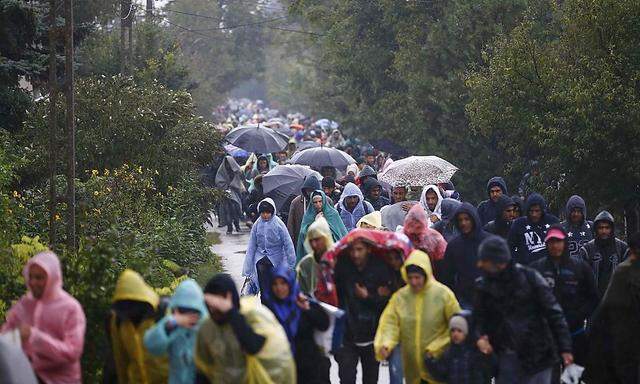 Migrants walk to the Austrian border in Nickelsdorf from Hegyeshalom