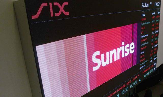 The logo of Swiss mobile telecoms company Sunrise is seen at the stock exchange in Zurich