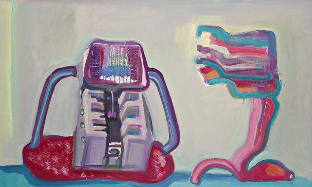 Maria Lassnig Harte und weiche Maschine / Kleine Sciencefiction,1988 Öl auf Leinwand / oil on canvas, 126,5 x 201 cm