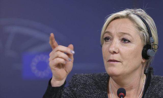 Le Pen, France's National Front political party head, addresses a news conference at the European Parliament in Brussels