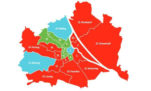 Wien: Stimmenstärkste Parteien in den Bezirken. 