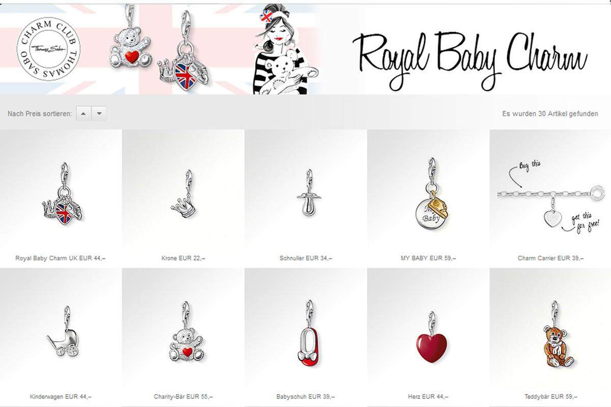 Der Schmuckhersteller Thomas Sabo hat eigens für die Geburt des Nachwuchses die neue Kollektion Royal Baby Charm mit einschlägigen Anhängern auf den Markt geworfen.