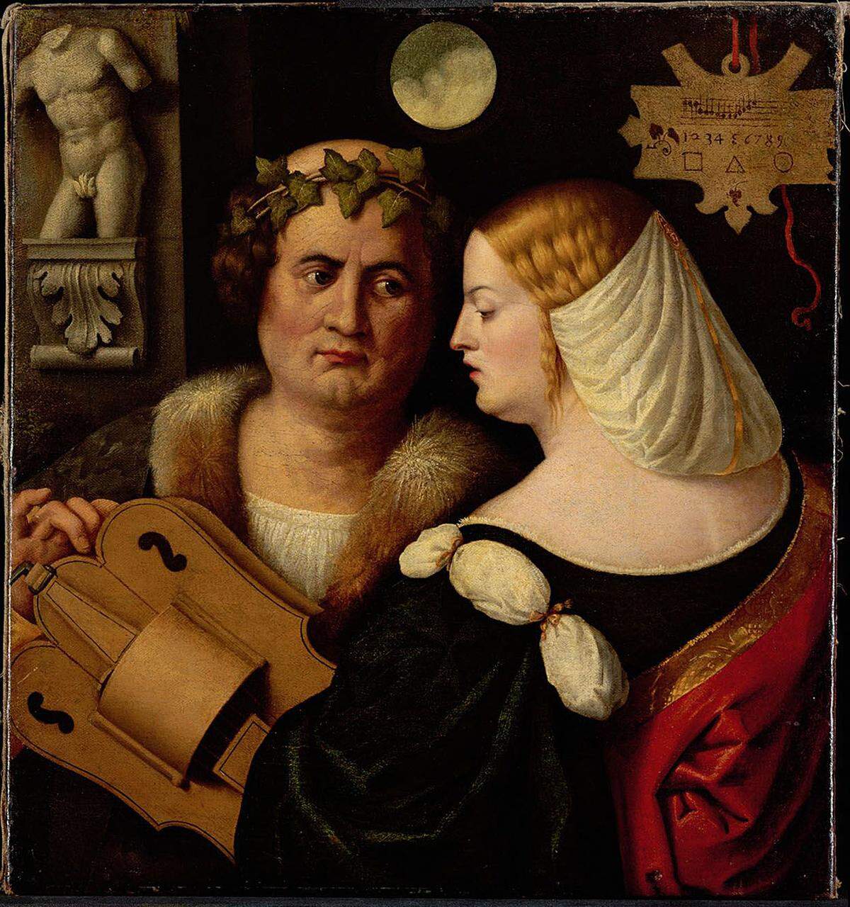 Unter den Gemälden stechen Giovanni Busis "Drehleier spielender Dichter und junge Frau" oder Salvator Rosas "Heraklit und Demokrit" hervor. "Drehleier spielender Dichter und junge Frau" von Giovanni Busi, gen. Cariani (Venedig oder Provinz Bergamo um 1485 – 1548 Venedig ?) um 1520 (c) KHM mit MVK und ÖTM