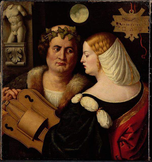 Unter den Gemälden stechen Giovanni Busis "Drehleier spielender Dichter und junge Frau" oder Salvator Rosas "Heraklit und Demokrit" hervor. "Drehleier spielender Dichter und junge Frau" von Giovanni Busi, gen. Cariani (Venedig oder Provinz Bergamo um 1485 – 1548 Venedig ?) um 1520 (c) KHM mit MVK und ÖTM