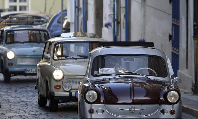 Trabant cars arrive at the German embassy in Prague to mark the 25th anniversary of the East German exodus in Prague