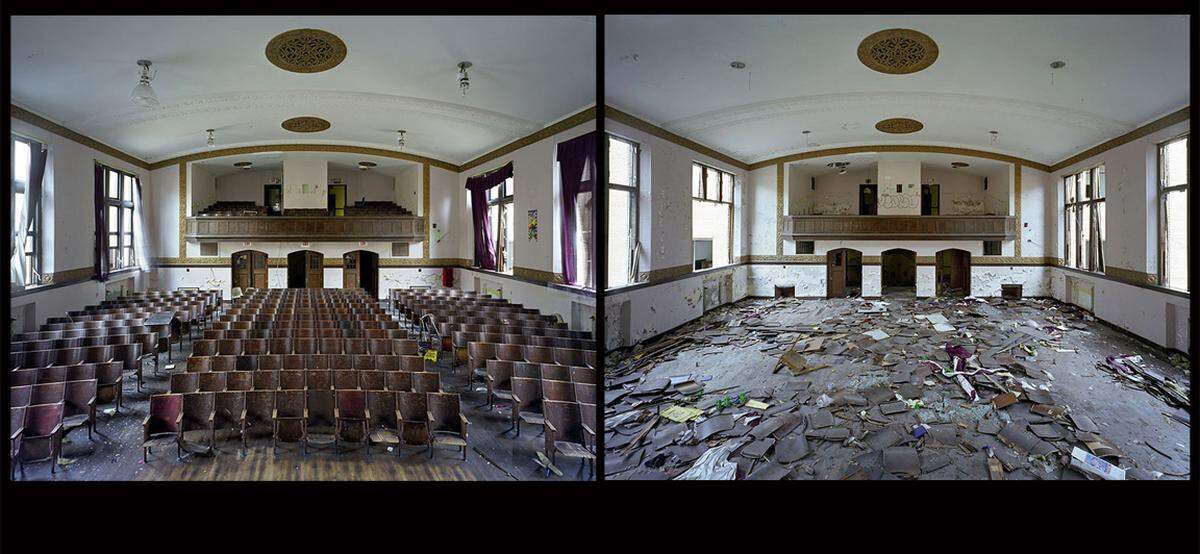 "Es war, als hätten wir eine verlorene Welt betreten", ergänzte Marchand. Die Fotografen besuchten Orte auch mehrmals - und machen mit ihren Bildern den fortschreitenden Verfall deutlich. Yves Marchand &amp; Romain Meffre: Jane Cooper Elementary School, Spring 2008, Jane Cooper Elementary School, Spring 2009  Foto aus: Yves Marchand, Romain Meffre "The Ruins of Detroit", Verlag Steidl 