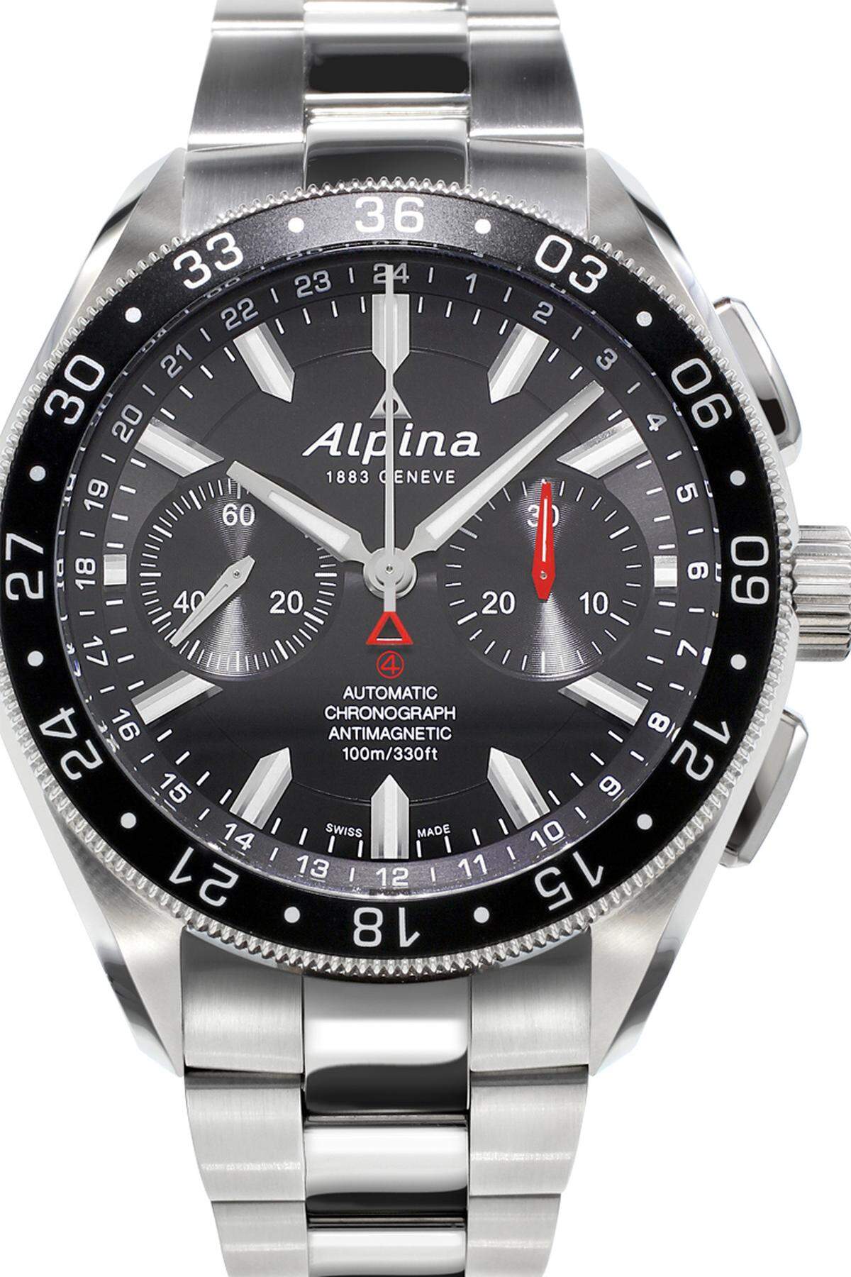 Alpina, „Alpiner4 Chronograph“. Gutes Design gepaart mit tadelloser Qualität, und das zu einem wohlfeilen Preis. Unter Garantie einer jener aktuell gefertigten Chronografen mit einem guten Preis-Leistungs-Verhältnis.