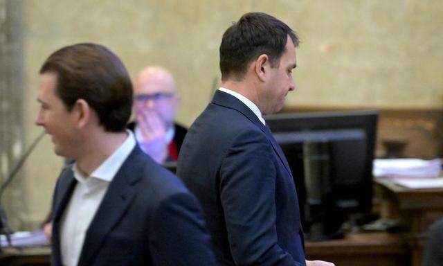 Der Angeklagte Ex-Kanzler Sebastian Kurz und der als Zeuge geladene Ex-Öbag-Chef Thomas Schmid im Rahmen des Prozesses gegen Ex-Kanzler Kurz wegen Falschaussage im Ibiza-U-Ausschuss.