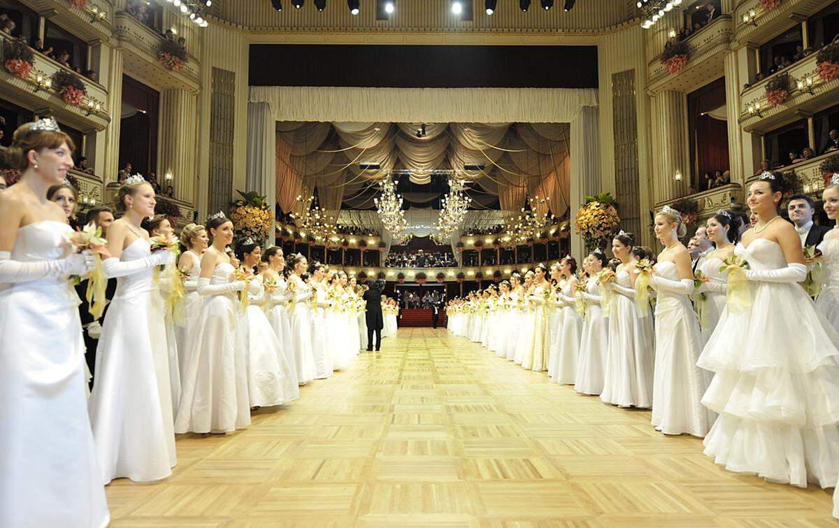 Das Jungdamen- und Jungherrenkomitee zog zur Fächerpolonaise von Carl Michael Ziehrer in den Ballsaal ein und bildete beim Napoleon-Marsch (Johann Strauß) das Spalier für den Auftritt des Wiener Staatsballetts, ...