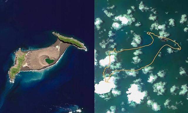 Ein Vergleich chinesischer Satellitenbilder vor und nach dem Ausbruch des Vulkans Hunga-Tonga-Hunga-Ha'apai bei Tonga. 