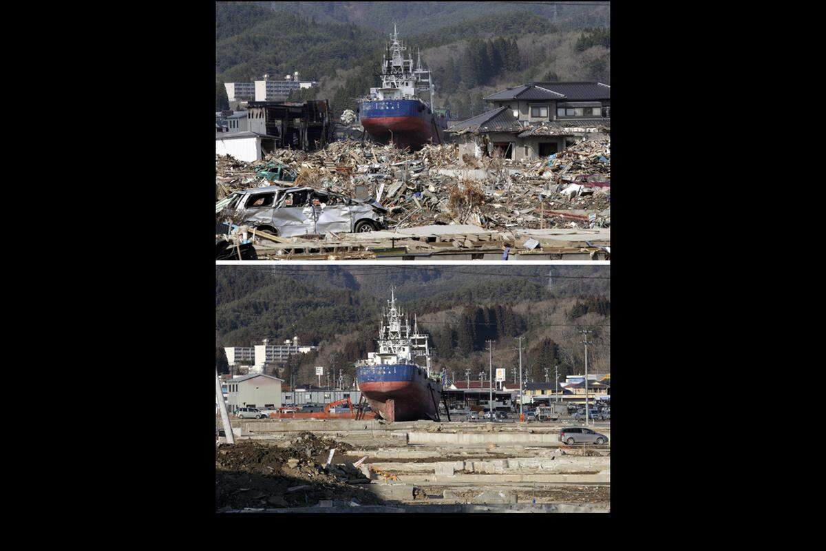 Kesennuma nach der Katastrophe im Vorjahr (oben) und fast ein Jahr später im Februar.