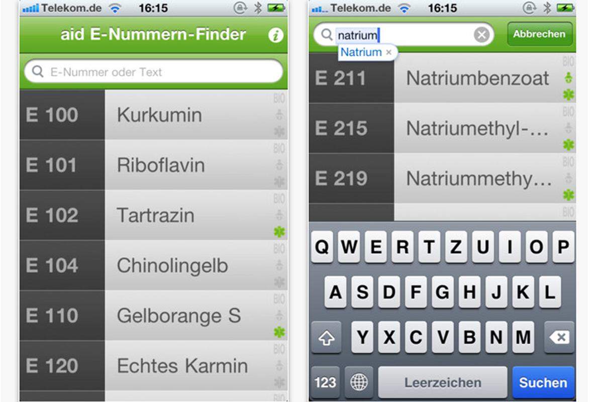 Mit dem aid E-Nummern-Finder kann man herausfinden, was sich hinter z.B. E 620 verbirgt, also Glutaminsäure. Zusätzlich bekommt man Informationen darüber, ob jenes E in Bio Lebensmitteln zugelassen ist und ob es Kleinkinder oder empfindliche Personen (die zu Asthma, Nesselsucht etc. neigen) meiden sollten.