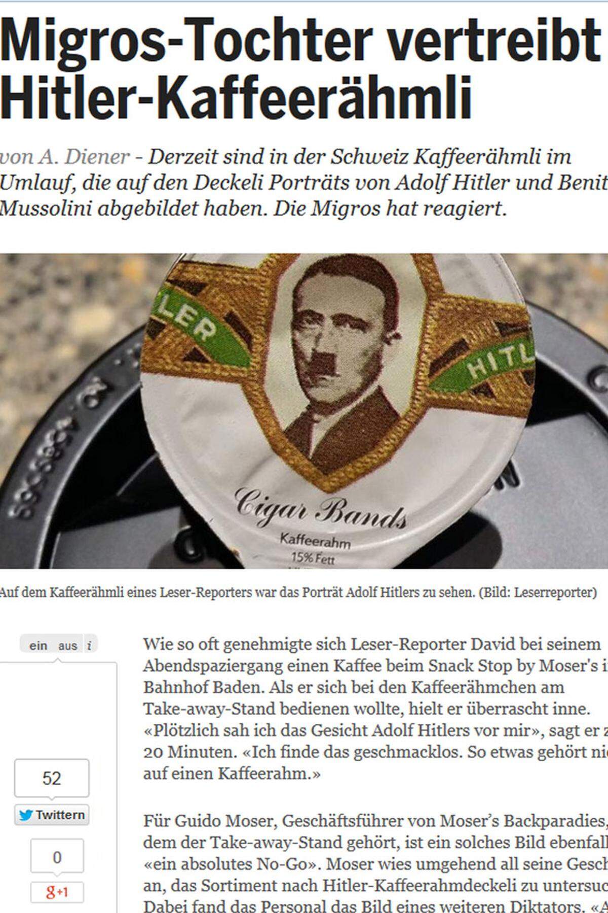 Eine Tochter der Schweizer Supermarktkette Migros hat Kaffeeobersdeckel mit Porträts von Adolf Hitler und Benito Mussolini vertrieben. Die Supermarktkette sprach am Mittwoch von einer "unverzeihlichen Fehlleistung" und entschuldigte sich. Migros-Sprecher Luzi Weber bestätigte damit einen Bericht der Gratiszeitung "20 Minuten": Die Motive, die die Firma Karo Versand entworfen habe, seien ohne nähere Begutachtung übernommen worden.Insgesamt 300 Schachteln à 200 Kaffeeobers-Portionen seien ausschließlich an Gastrobetriebe verkauft worden. Die Porträts der beiden Diktatoren kämen je rund vier Mal pro Packung vor.