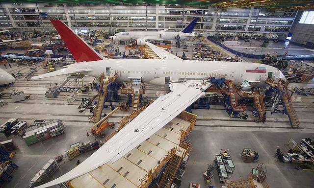 Workers at South Carolina Boeing work on a 787 Dreamliner for Air India at the plant's final assembly building in North Charleston